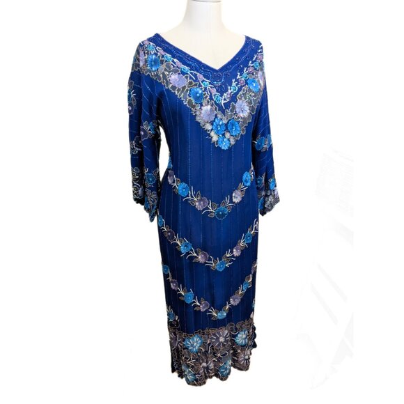 Vintage 70s Painted & Beaded Chiffon Dress from Germany Formal Prom Gown Sz L - Picture 4 of 16